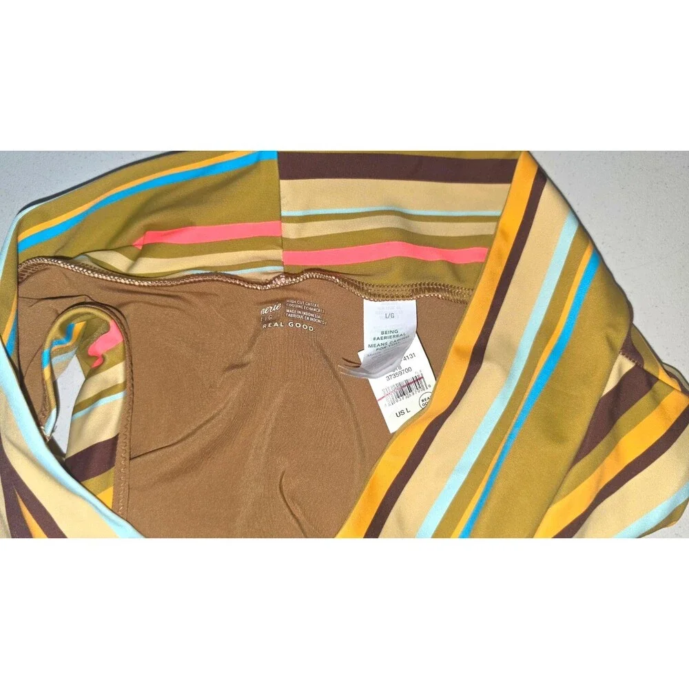 Aerie Brown Orange Striped High Cut Cheeky Swim Bathing Suit Bottom L NEW
